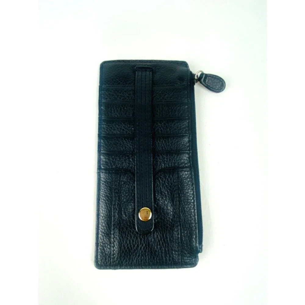 Vtg Black Genuine Leather Slim Card Holder Wallet Zipper Coin Pouch ID Window